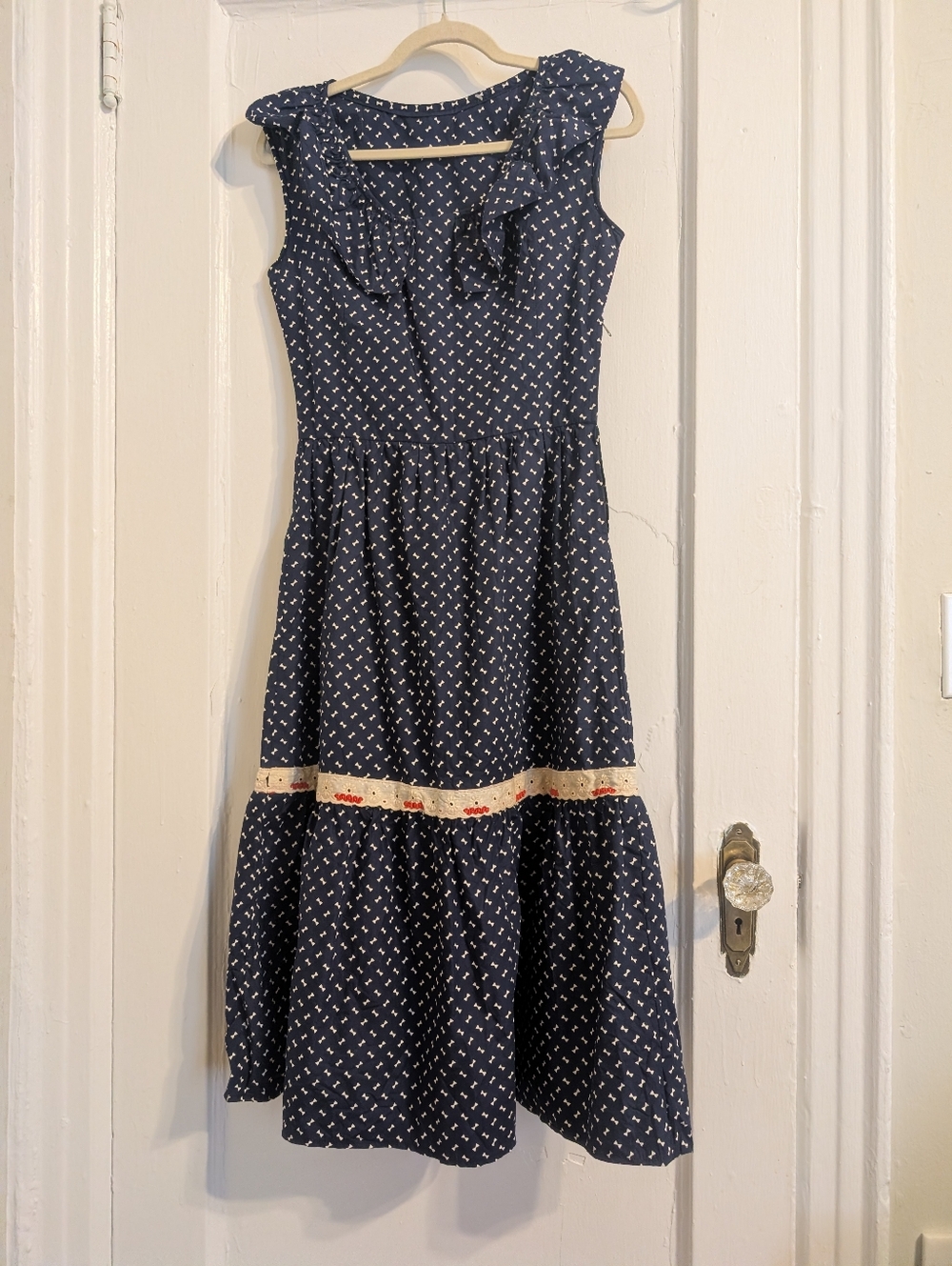 Vintage 70s Nautical Sailor Dress — Navy Bow Print Ruffle Eyelet Midi-small